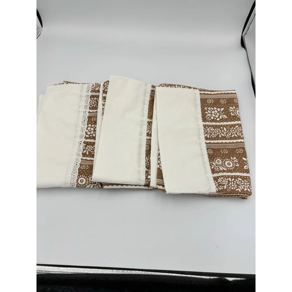 Set 3 Vintage Brown Floral Pillow Cases Cotton Standard Sz 70's Era Lace - Picture 2 of 5